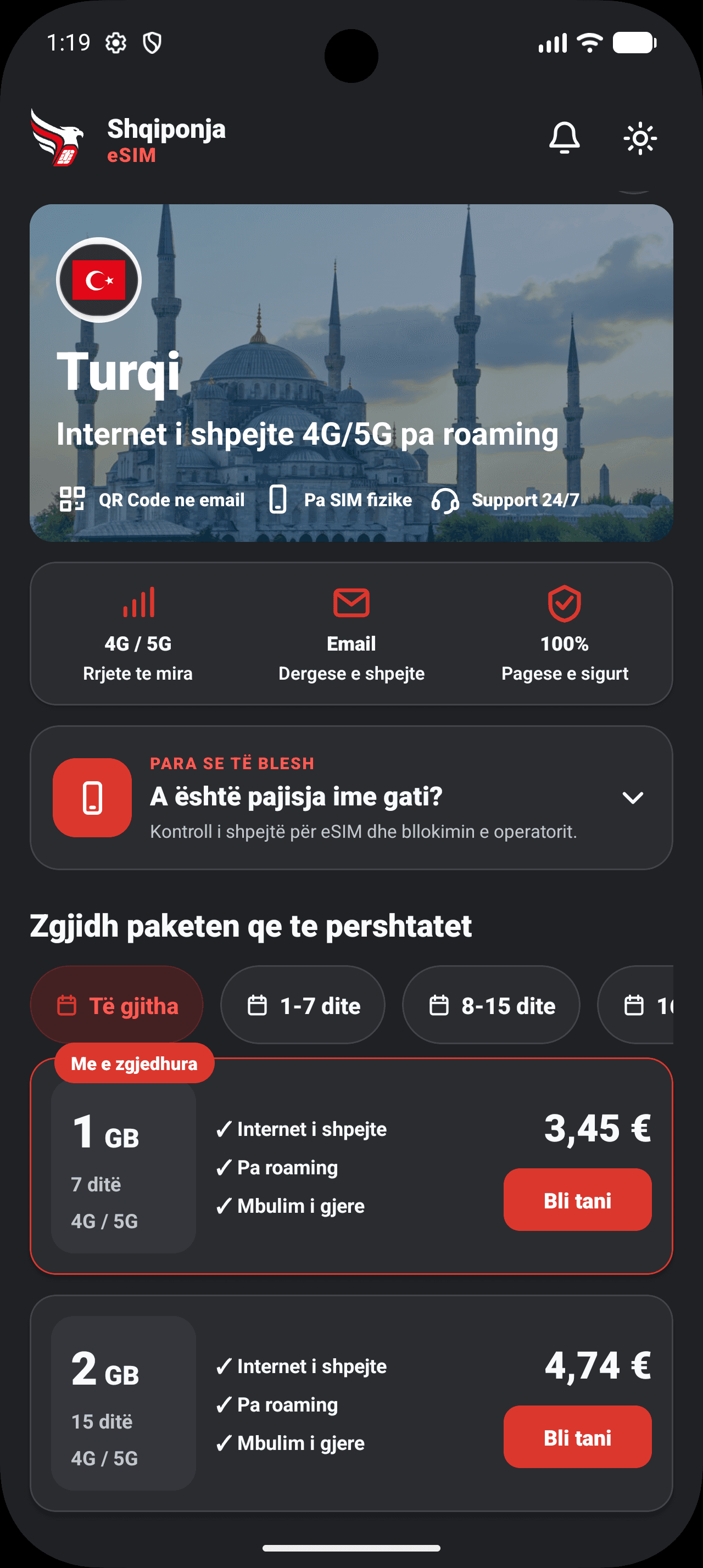 SHQIPONJA eSIM app showing Turkey data packages