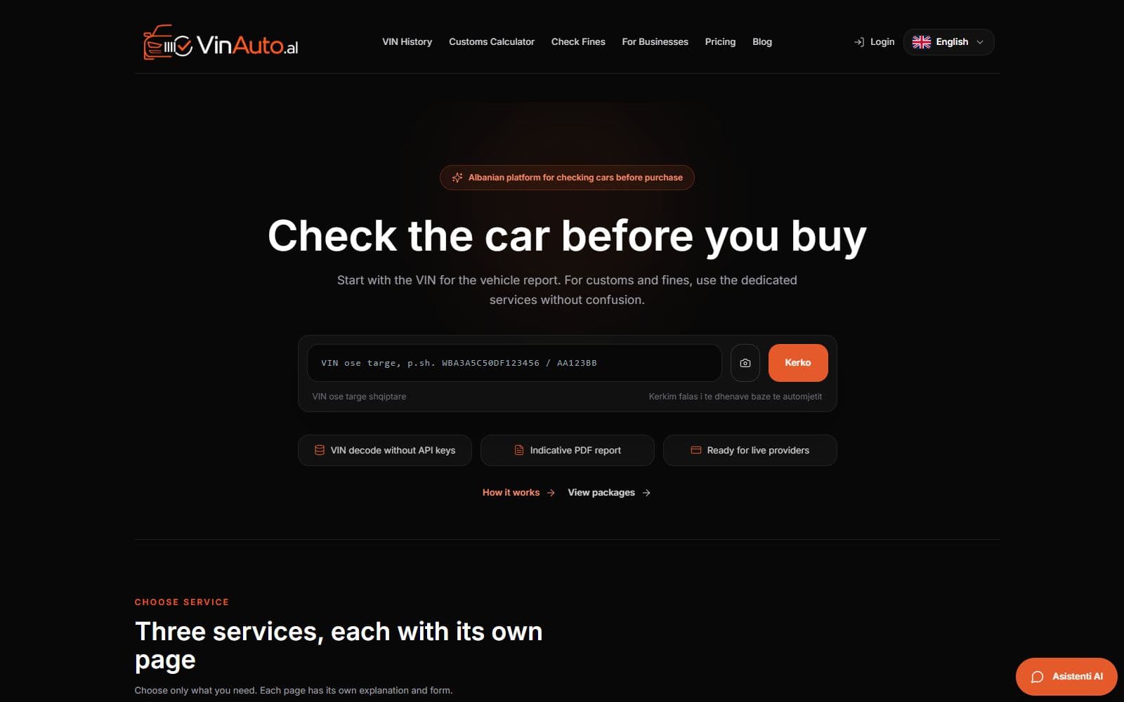 VinAuto.al website with VIN search, camera scanning, and live-provider readiness notice
